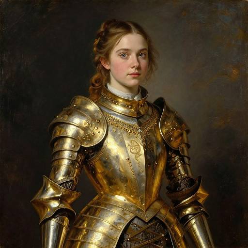 Digital painting of a young fair-skinned woman with wavy brown hair, wearing polished golden medieval armor, against a dark, textured background.