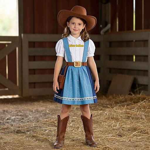 Photograph of a young girl in a cowboy outfit, brown hat, white shirt, blue pinafore, brown belt, brown boots, standing in