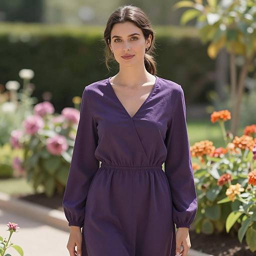 Woman in Eggplant Purple Dress in Garden