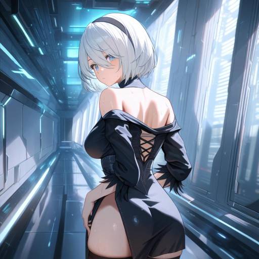 Digital anime-style artwork of a white-haired, blue-eyed female character with a black headband, white tank top, black corset, and thigh-high