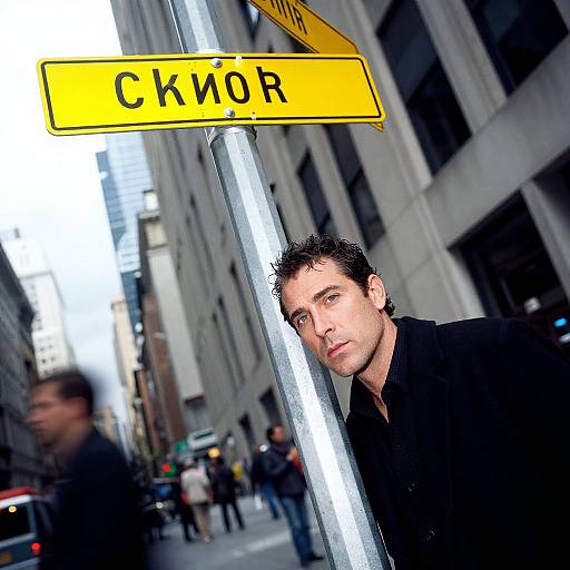 Photograph of a man with short, curly dark hair, wearing a black shirt, leaning against a street sign reading 