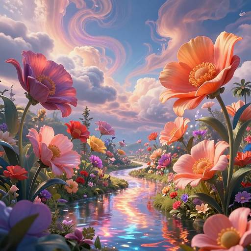 Digital artwork of a vibrant, colorful flower-filled landscape with a reflective, shimmering river, under a dramatic, swirl-patterned, sunset sky.