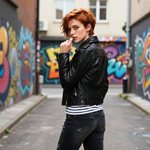 Photograph of a red-haired, white male with short hair, wearing a black leather jacket and black jeans, standing in a graffiti-covered alleyway,