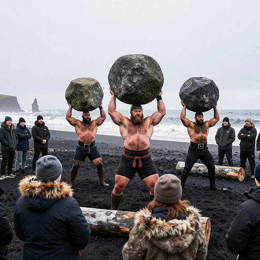 Photograph of three shirtless, muscular men with beards lifting large rocks on a black sand beach, surrounded by spectators in winter clothes.