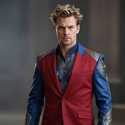 Photograph of a blond, blue-eyed man with styled hair, wearing a vibrant red vest over a blue patterned shirt, standing confidently against a blurred