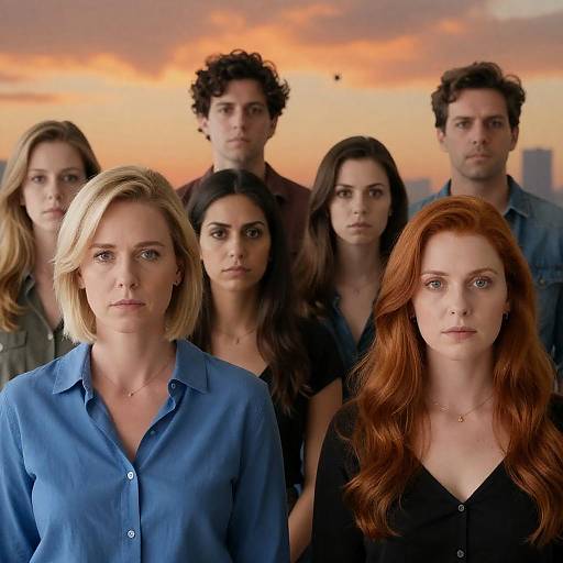 Serious Group Portrait Against Colorful Skyline