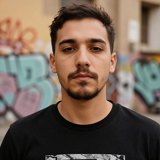 Photograph of a young man with short, dark hair, trimmed beard, and mustache, wearing a black shirt, standing against a blurred graffiti-l