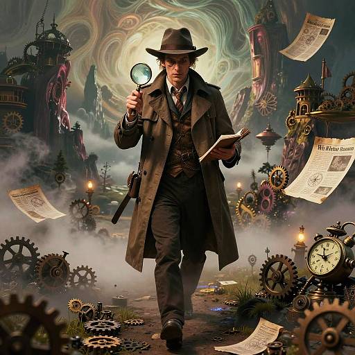 Steampunk detective with magnifying glass, fedora, and trench coat, holding gun, surrounded by gears, clock, and floating papers in a