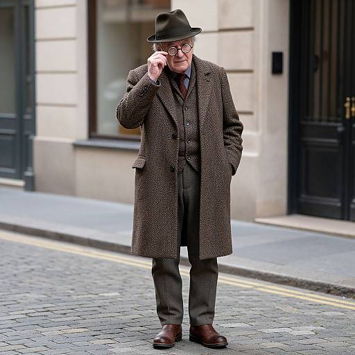 Photograph of an elderly man in a brown tweed overcoat, black hat, glasses, and brown shoes, talking on a phone on a cob