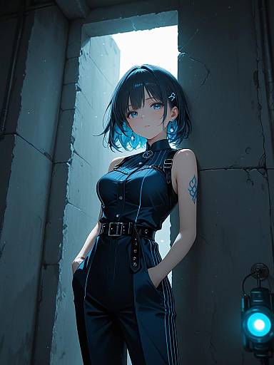 Anime Woman in Midnight Blue Jumpsuit