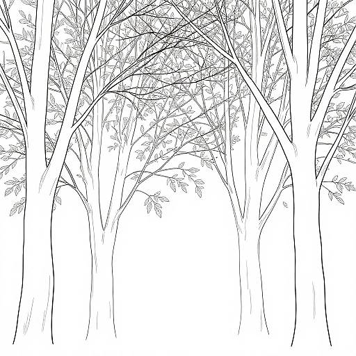 Black and white line drawing of tall, slender trees with leafy branches extending upward, creating an intricate, natural pattern.