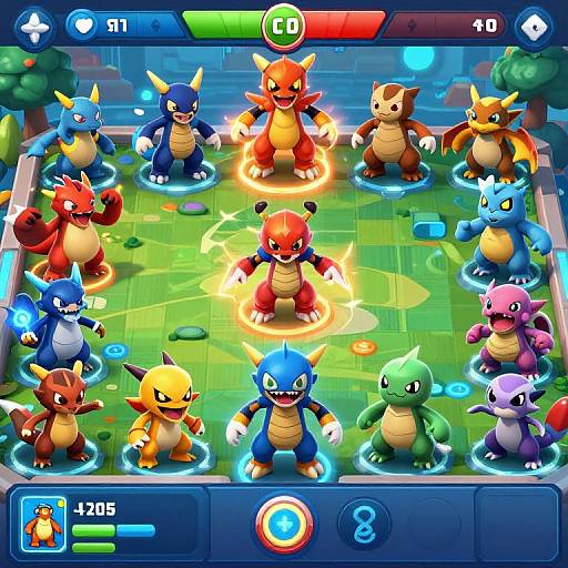 Digital Pokémon battle scene: vibrant, cartoon-style, featuring 11 Pokémon with glowing auras, colorful health bars, and control buttons at the bottom.