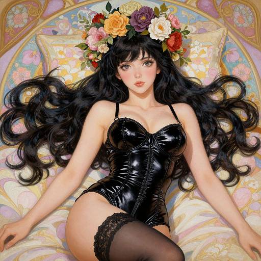 Digital artwork of a fair-skinned woman with long black hair, wearing a black leather corset, thigh-high stockings, and a floral crown, lying