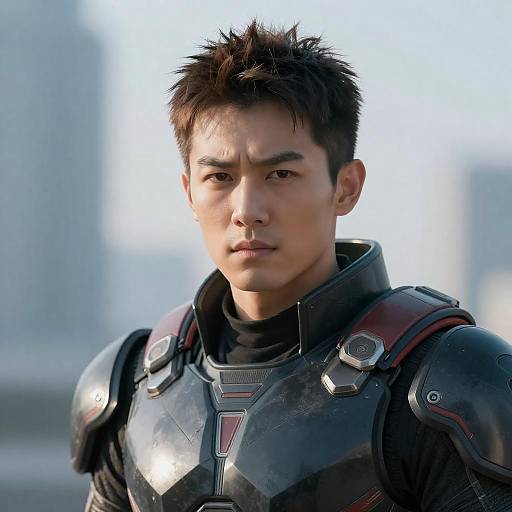 Tense Warrior in Futuristic Armor