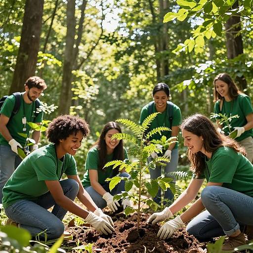 Photograph of six diverse volunteers in green shirts and gloves planting a fern in a sunlit, leafy forest, smiling and working together.