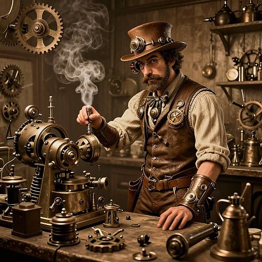 Steampunk inventor in brown hat and vest, smoking pipe, operates intricate steam-powered machinery in a cluttered, dimly-lit workshop.