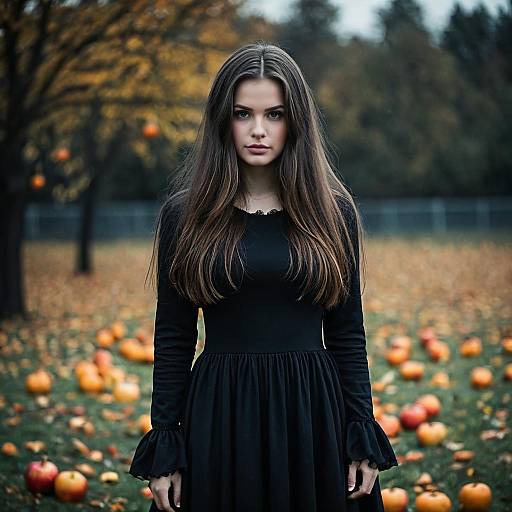 Spooky Girl in Black Dress at Autumn Orchard