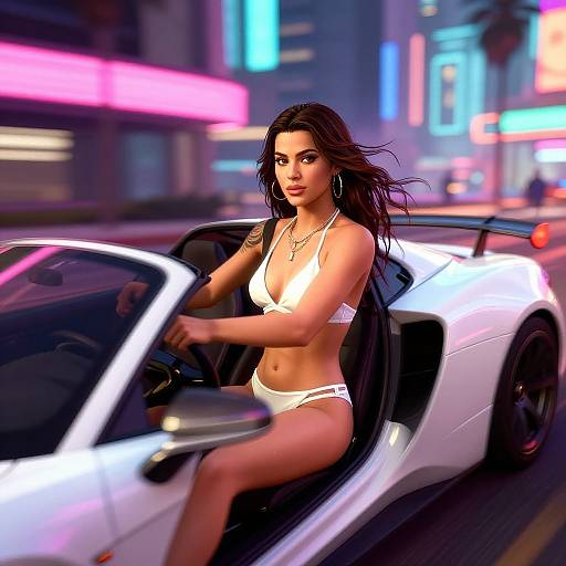 Digital artwork of a beautiful woman with long brown hair, wearing a white bikini, driving a white convertible at night in a neon-lit city.