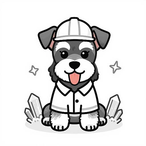Cute digital drawing of a black and white dog wearing a white construction hat and shirt, sitting with tongue out, surrounded by sparkles.