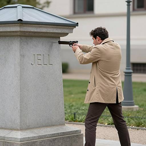 Man Aiming Gun at Stone Monument