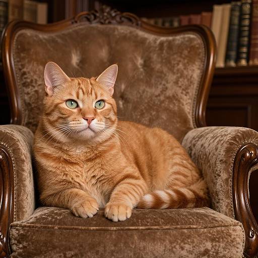 Photograph of an orange tabby cat with green eyes lounging on a vintage, brown velvet armchair in a book-filled library.