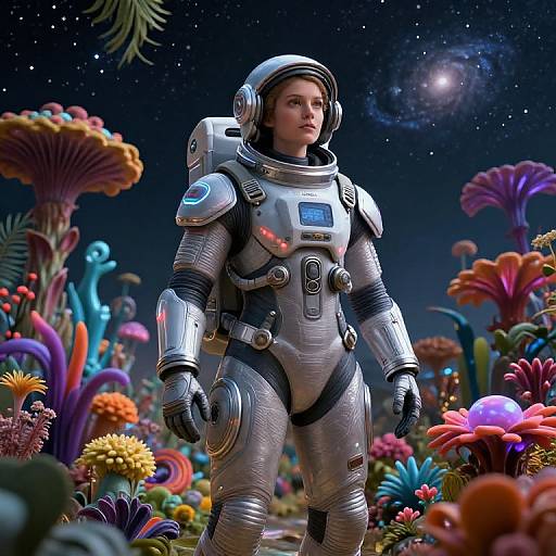 Digital art of a determined astronaut in silver space suit standing amidst vibrant, alien flora under a starry night sky.