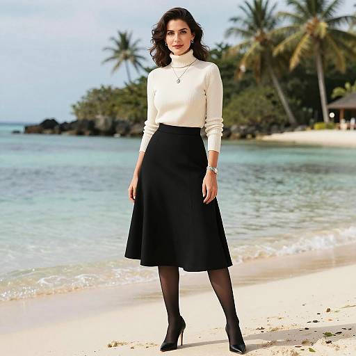 Photograph of a curly-haired woman in a white turtleneck, black knee-length skirt, black tights, and black heels standing on a tropical
