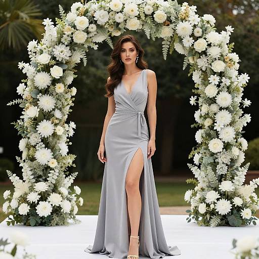 Woman in Gray Evening Gown by Floral Arch