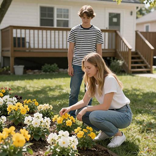 Sunlit Backyard Couple by Flowerbed