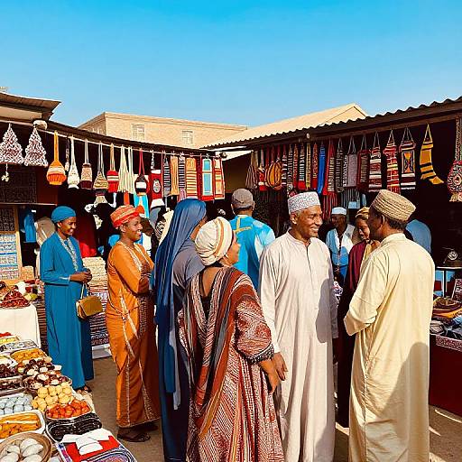 Photograph of vibrant market: African men and women in colorful traditional attire, blue and orange dresses, white and beige robes, standing by stalls with hanging