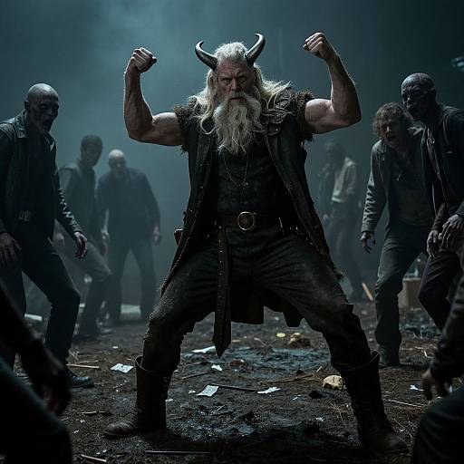Photograph of a muscular, horned, bearded demon with a long white beard, flexing in a dark, smoky arena surrounded by menacing