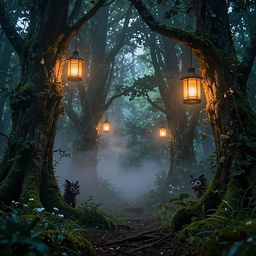 Enchanted forest scene with glowing lanterns, misty air, and curious black-eyed creatures peeking from the mossy underbrush. Magical,