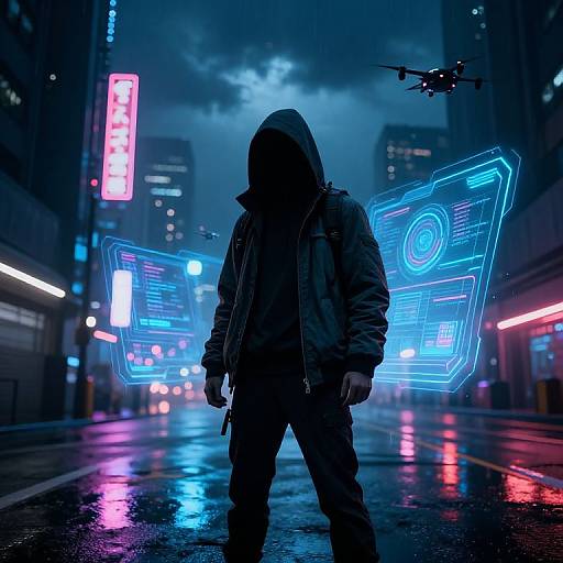 Cyberpunk street scene: hooded figure in dark clothes, glowing neon blue holographic wings, rain-soaked street, helicopter above, neon signs