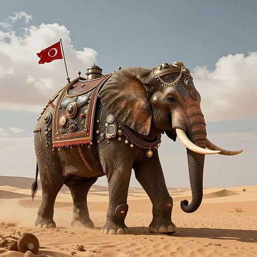 Photograph of an ornately decorated elephant in a desert, adorned with jewelry and a red flag with an Ottoman crescent moon.