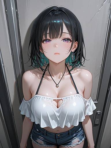 Anime Girl in Black Halter Neck Swimsuit and Distressed Denim Shorts