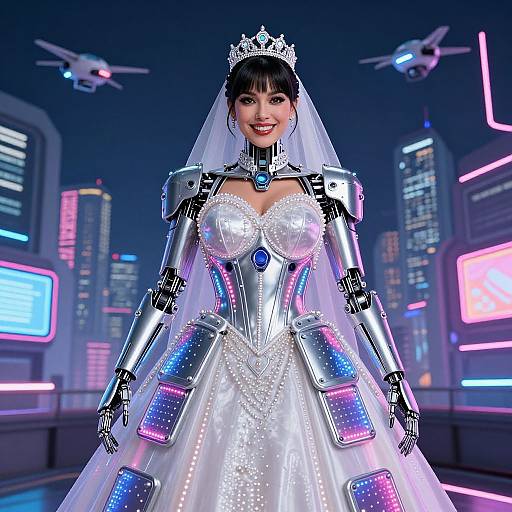 Cybernetic bride in futuristic city, wearing metallic armor, white lace gown, tiara, and veil, with neon lights and drones in background