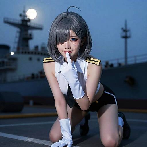Cosplay of Admiral Character in Industrial Shipyard at Dusk