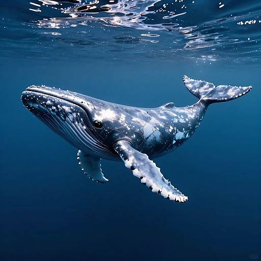 Photograph of a majestic, large blue whale with a textured, white-speckled body swimming underwater in deep, clear blue ocean.