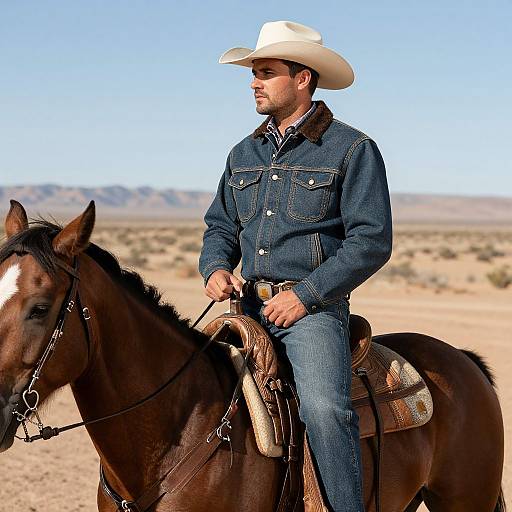 Photograph of a bearded man in a white cowboy hat, blue denim shirt, and jeans, riding a brown horse in a desert landscape.