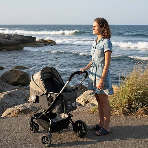 Photograph of a young woman with curly brown hair, wearing a blue dress and sandals, pushing a black baby stroller on a rocky coastal path with