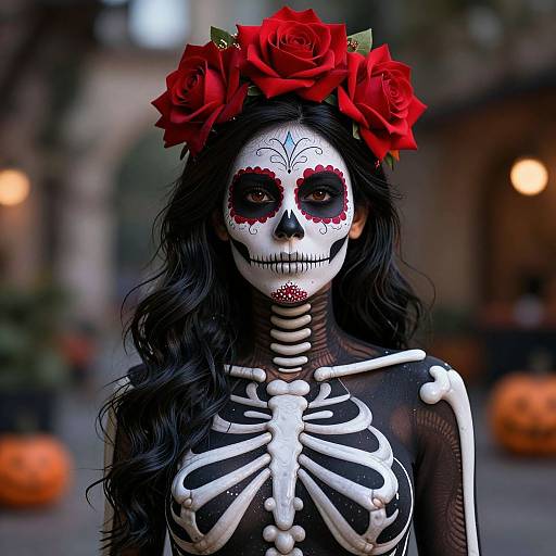 Digital photograph of a woman with black hair, white sugar skull face paint, red flower crown, and black mesh top, standing in a blurred, autumn