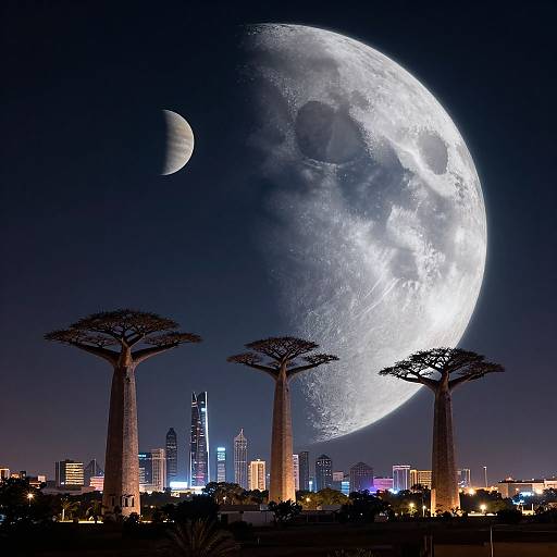 Photograph of a cityscape with large, illuminated full moon and smaller crescent moon, silhouetted against skyscrapers, and three ba