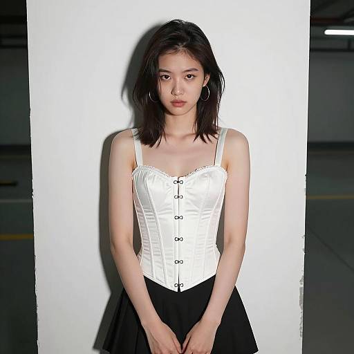Intense Young Woman in White Corset