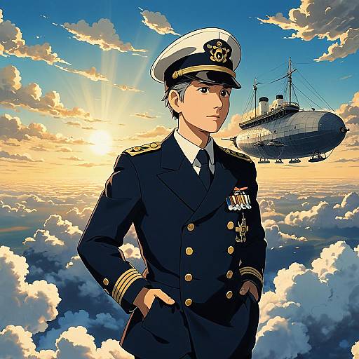 Anime Airship Captain at Golden Hour