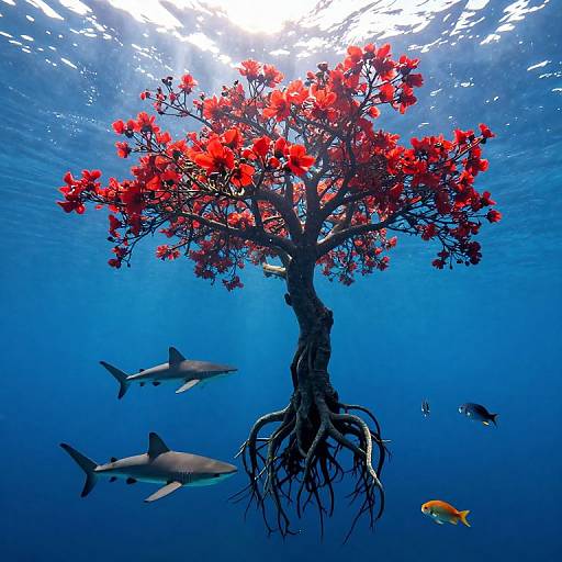 Ethereal Underwater Inverted Tree Scene