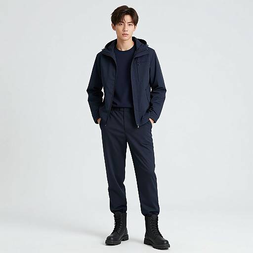 Photograph of a young Asian man with short black hair, wearing a navy hoodie, jacket, pants, and black boots, standing against a white background
