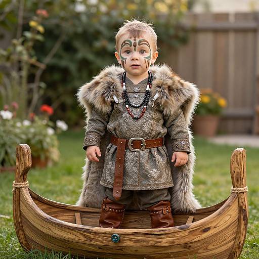 Photograph of a young boy in medieval Viking attire, with fur-trimmed coat and face paint, standing in a wooden Viking boat on grass,