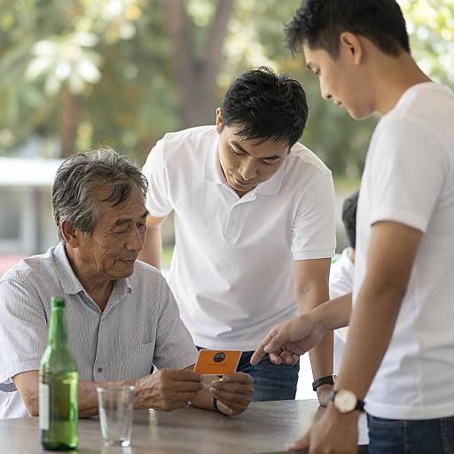 Men Inspecting Card at Outdoor Table