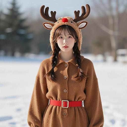 Festive Young Woman in Reindeer Costume