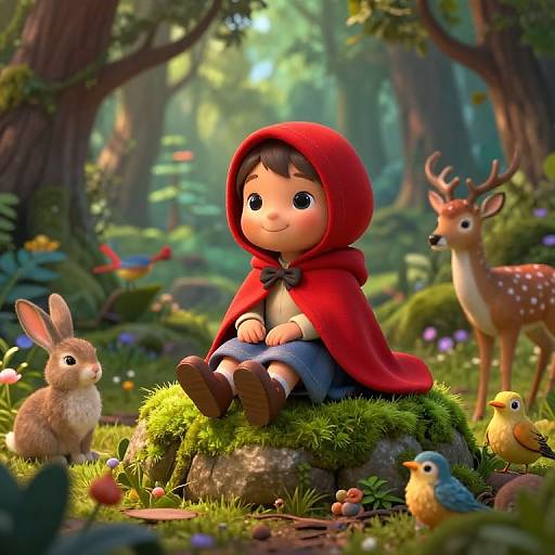 Digital art: Chibi-style Little Red Riding Hood with red hood, blue dress, sitting on mossy rock in enchanted forest, surrounded by rabbits,
